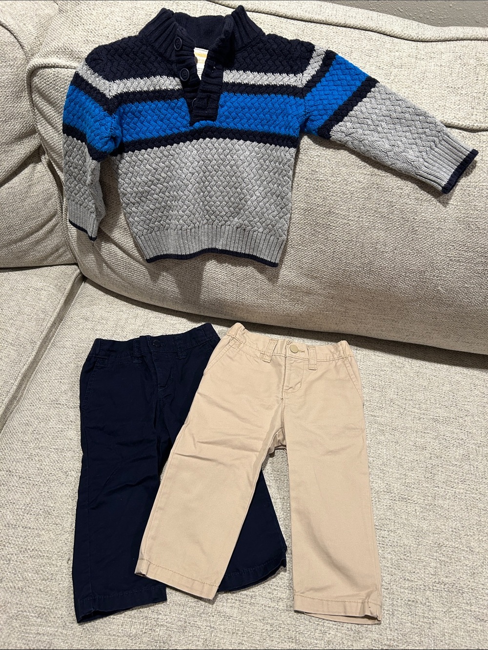 Kids Gray & Blue Stripe Knit Pullover Sweater & 2 Pants (navy & khaki)